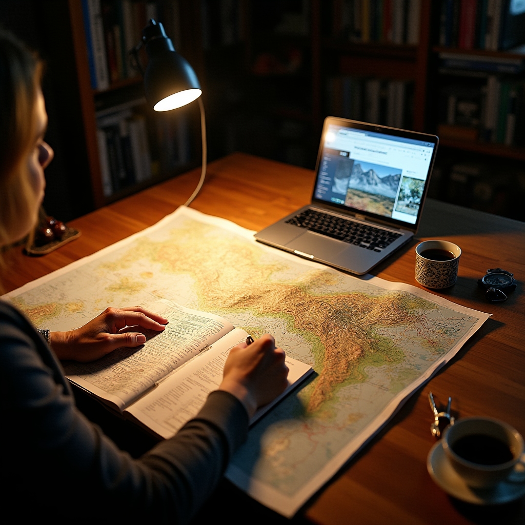 Membro della redazione che studia mappe topografiche di parchi naturali italiani