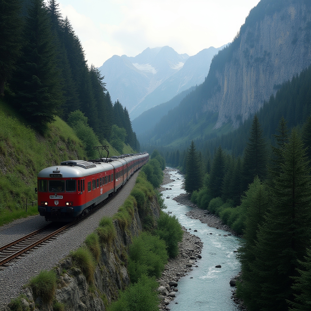 Treno regionale che attraversa un paesaggio montano italiano con boschi e cime innevate